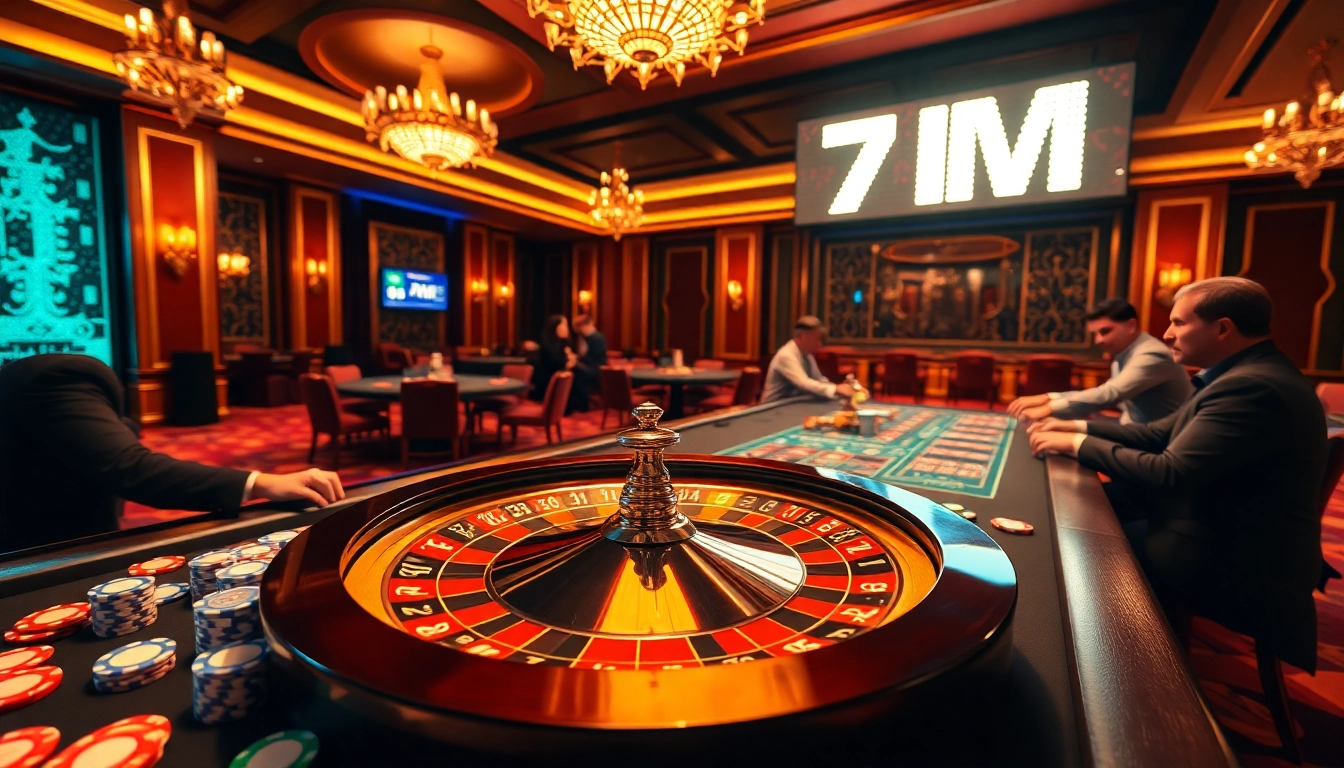 7M casino scene showcasing a thrilling roulette game with engaged players and vibrant decor.