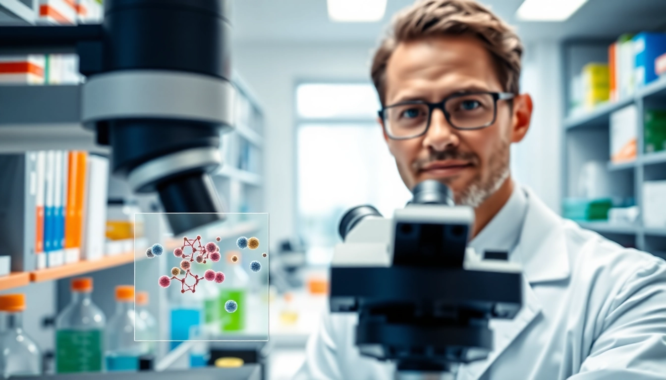 Researcher studying Retatrutide in a cutting-edge laboratory filled with colorful solutions.