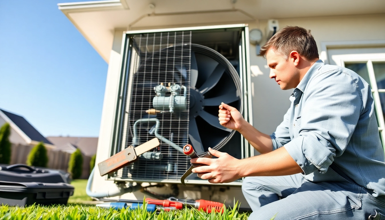 AC Repair Tampa: HVAC technician performing air conditioning repair in a bright residential garden.
