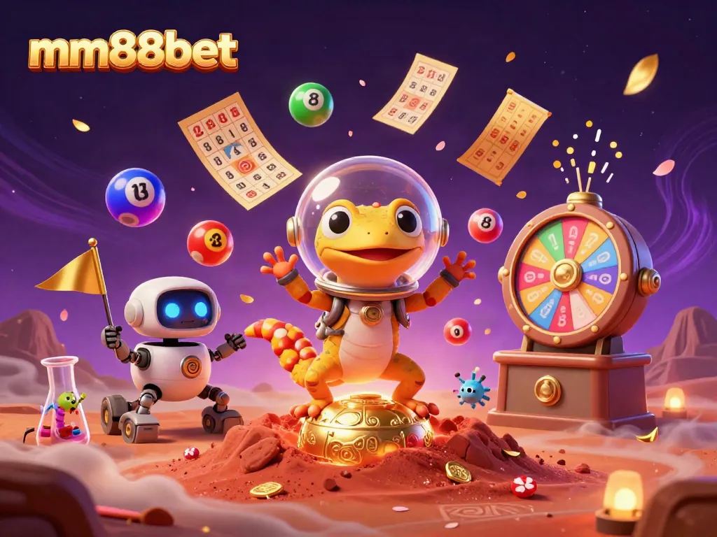 Engage with mm88bet's Martian gecko discovering a golden casino amidst exciting lottery elements.