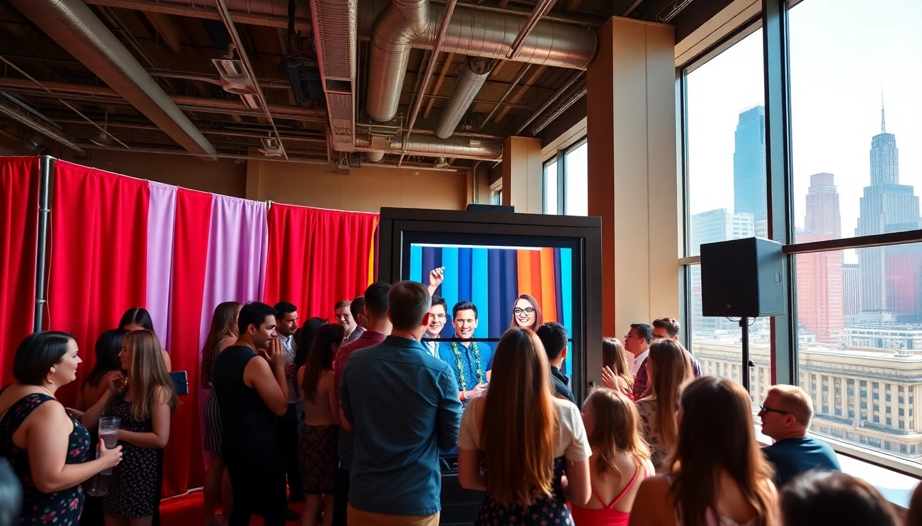 Engaged guests enjoying photo booth rental Chicago in a lively event setting.