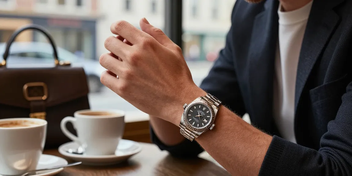A close-up of a luxury rolex replica watch shining in an urban café setting, highlighting its intricate design and style.