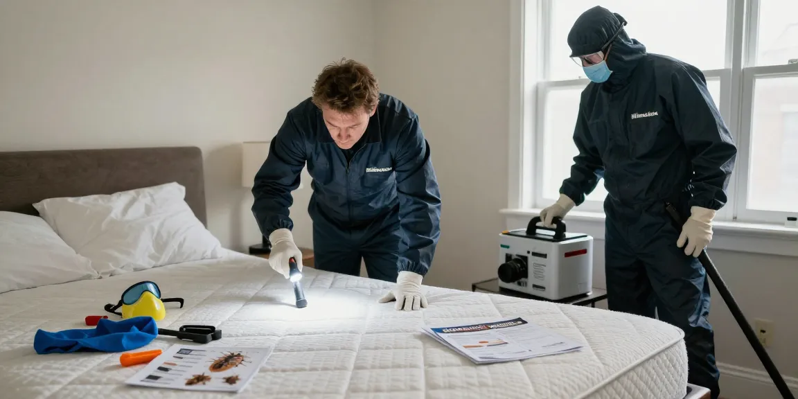 Professionals conducting bed bug removal treatment in a clean bedroom.