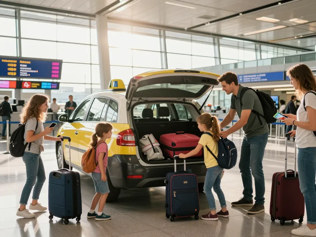 Family loading luggage into a taxi for their journey to Manchester airport, highlighting comfortable travel.