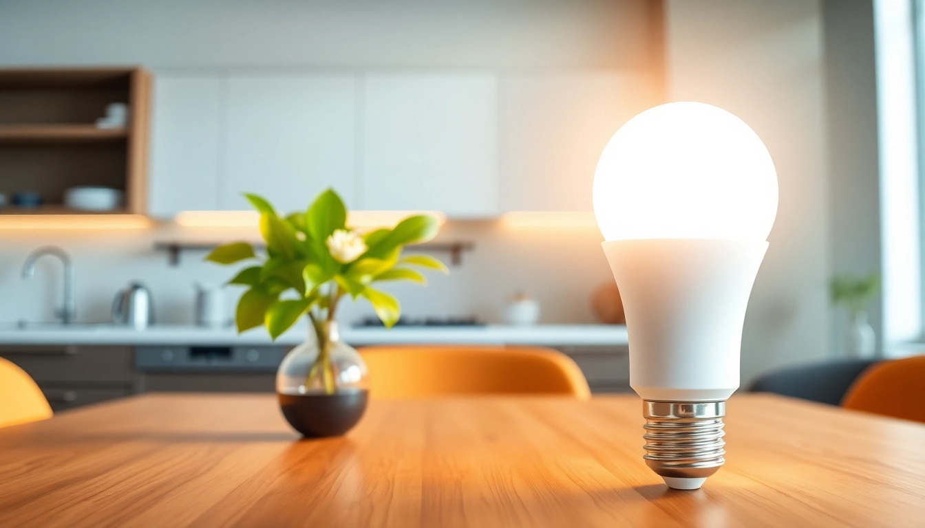 Bright LED A19 bulb illuminating a modern kitchen with vibrant decor.