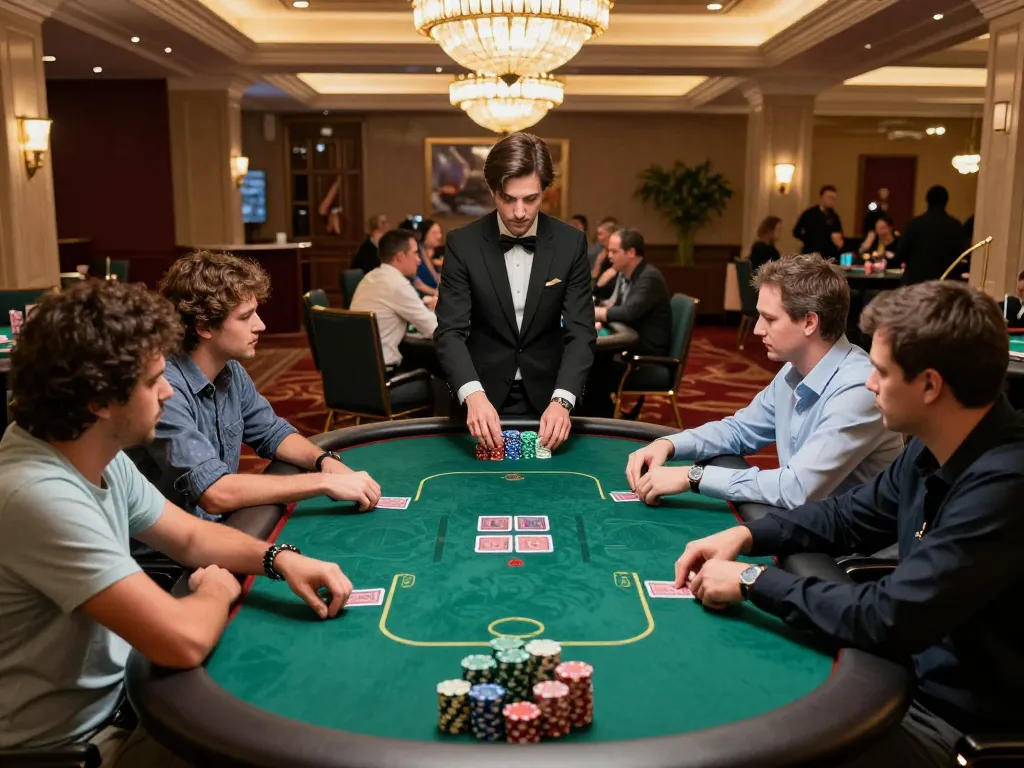 Players engage in an intense 3Bet poker game at an upscale casino table, showcasing strategic gameplay.