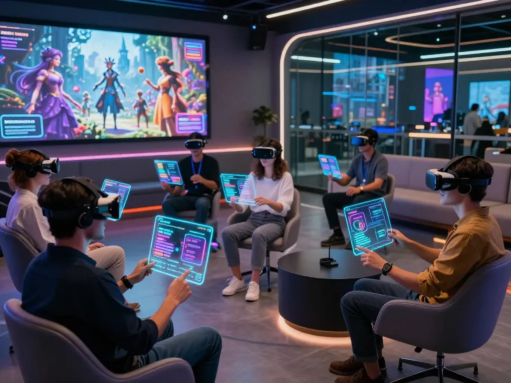 Engaging NSFW AI chat in a futuristic virtual reality lounge with diverse adults.