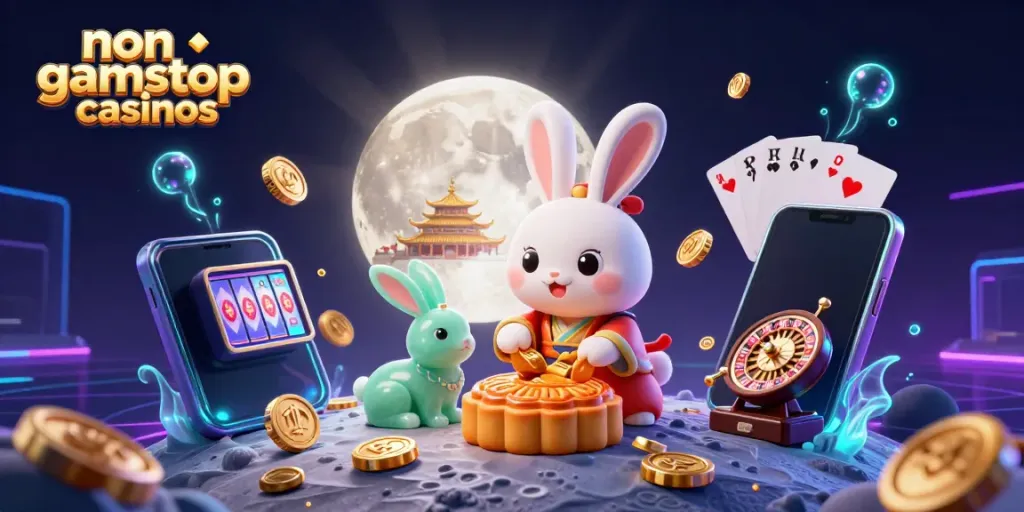 Experience vibrant non gamstop casinos with lively slot and poker elements in a 3D lunar scene.