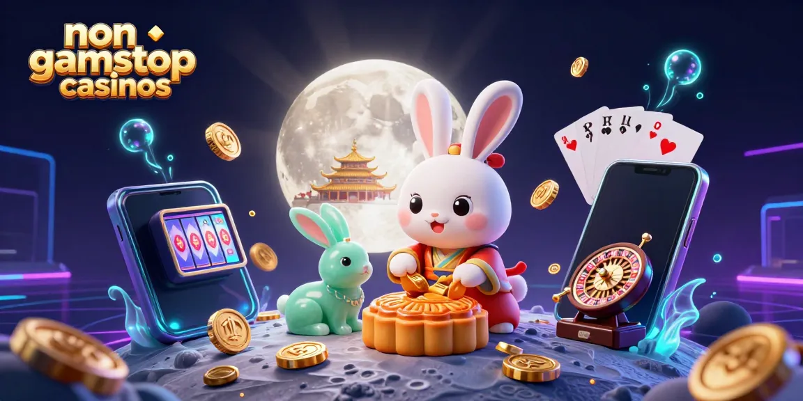 Experience vibrant non gamstop casinos with lively slot and poker elements in a 3D lunar scene.