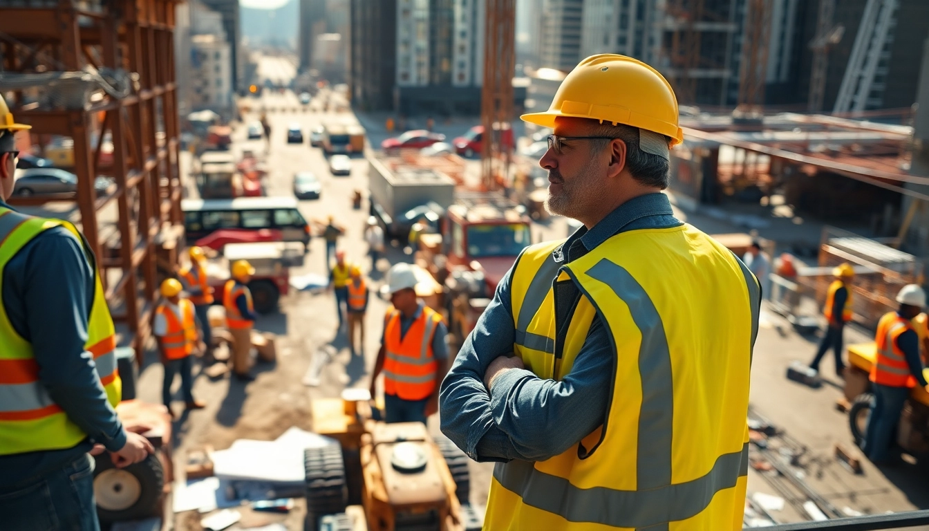New York General Contractor supervising a dynamic construction site with workers and machinery.