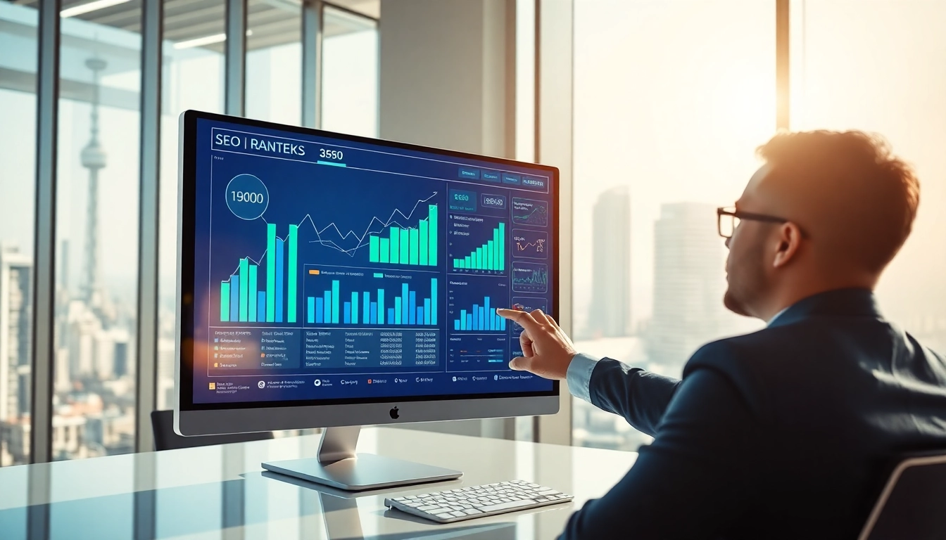 Analyze SEO Rank metrics in a vibrant digital marketing office for growth.