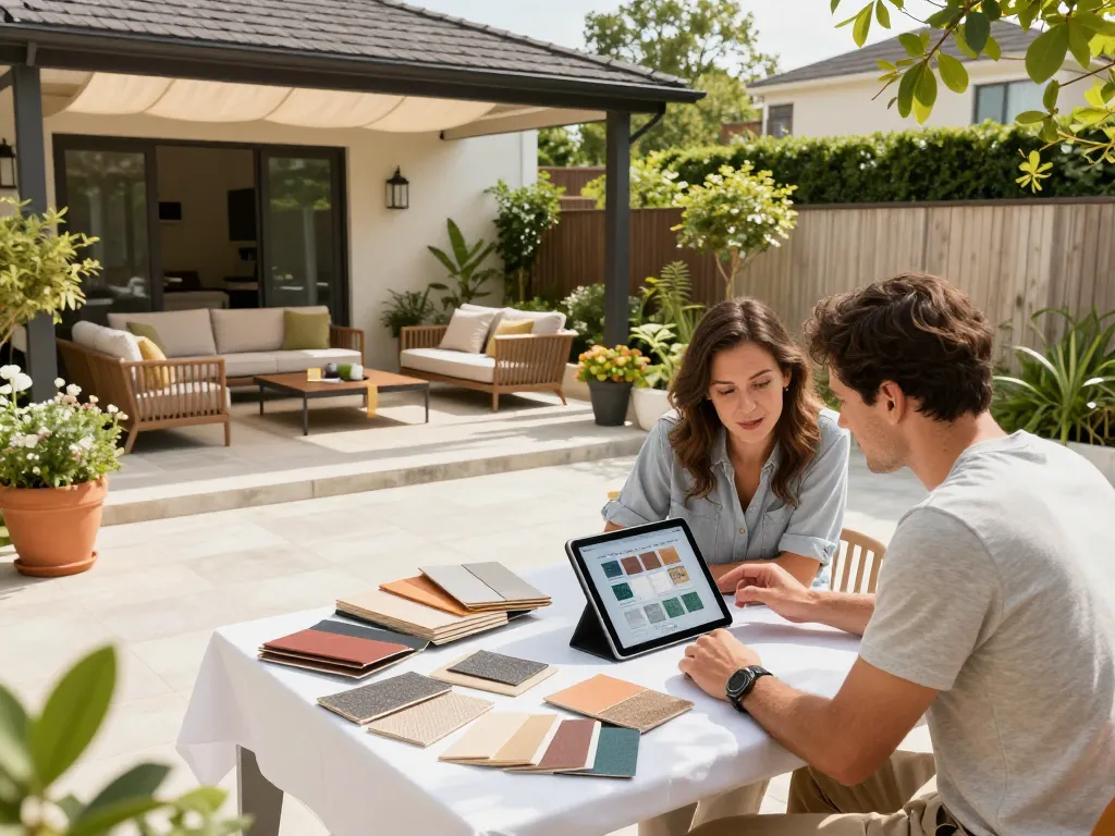 Couple using a veranda configurator to design their outdoor space with vibrant material samples.