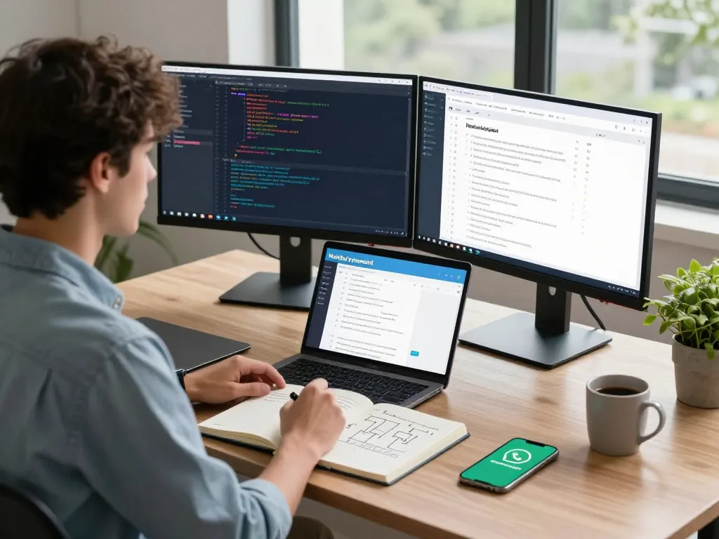 MoltBot personal AI assistant in a dynamic tech workspace with developer actively engaged in coding.