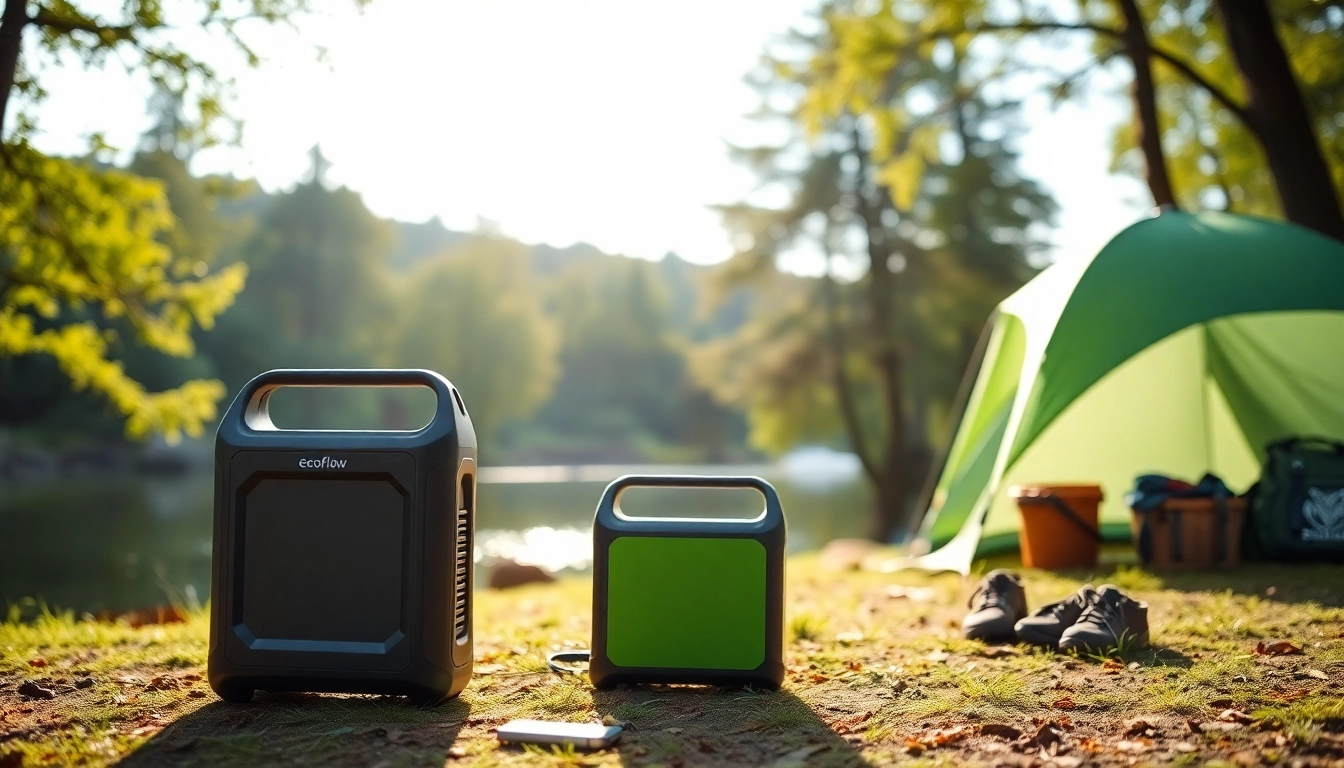 Showcase EcoFlow in a serene camping setup with nature and gear.