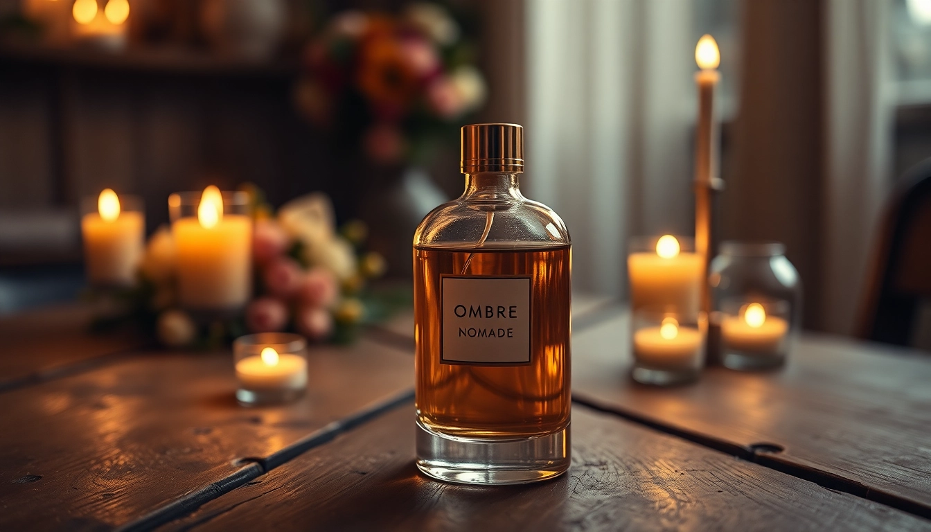 Showcasing the Ombre nomade fragrance in an elegant setting with warm lighting.