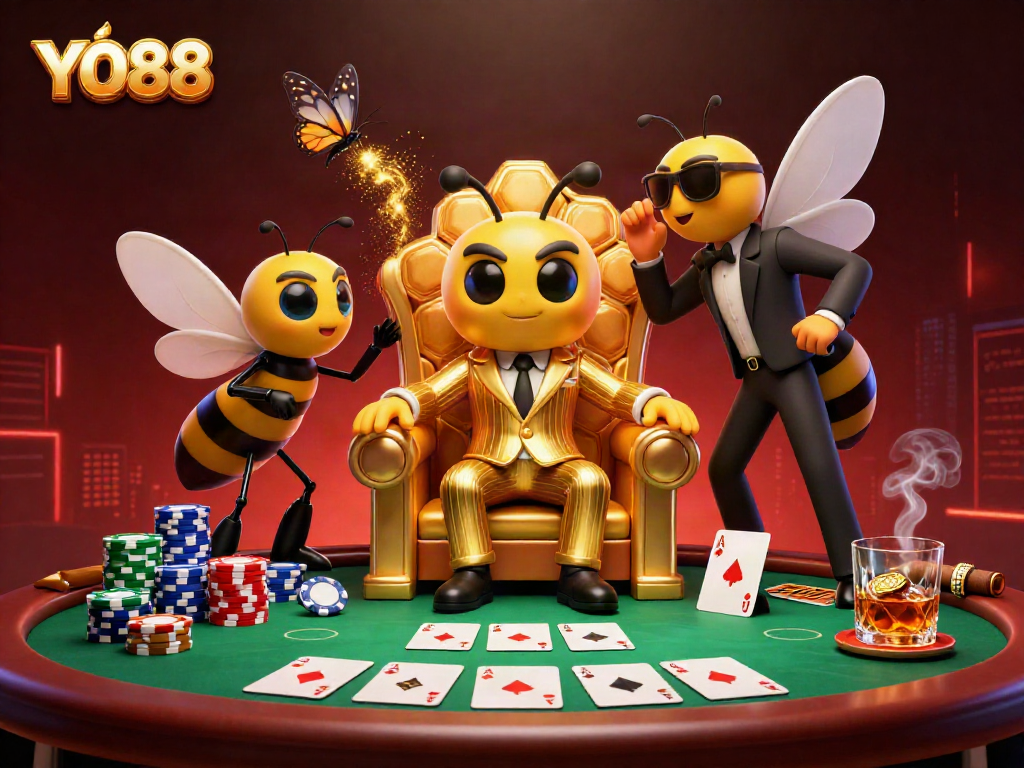 Engage at YO88 with thrilling poker action amidst charming cartoon characters in a bustling scene.