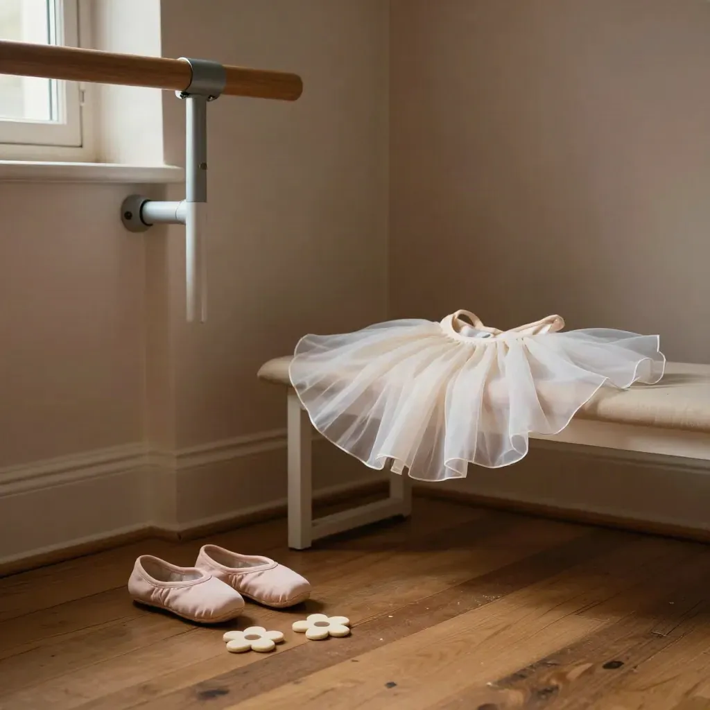 Sunlit children's ballet corner with tiny slippers, flowers, low barre and draped tutu