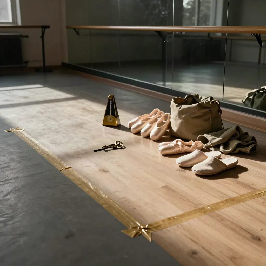 Empty ballet studio prepared for exam practice with slippers, metronome, taped corners, and warm shadows.