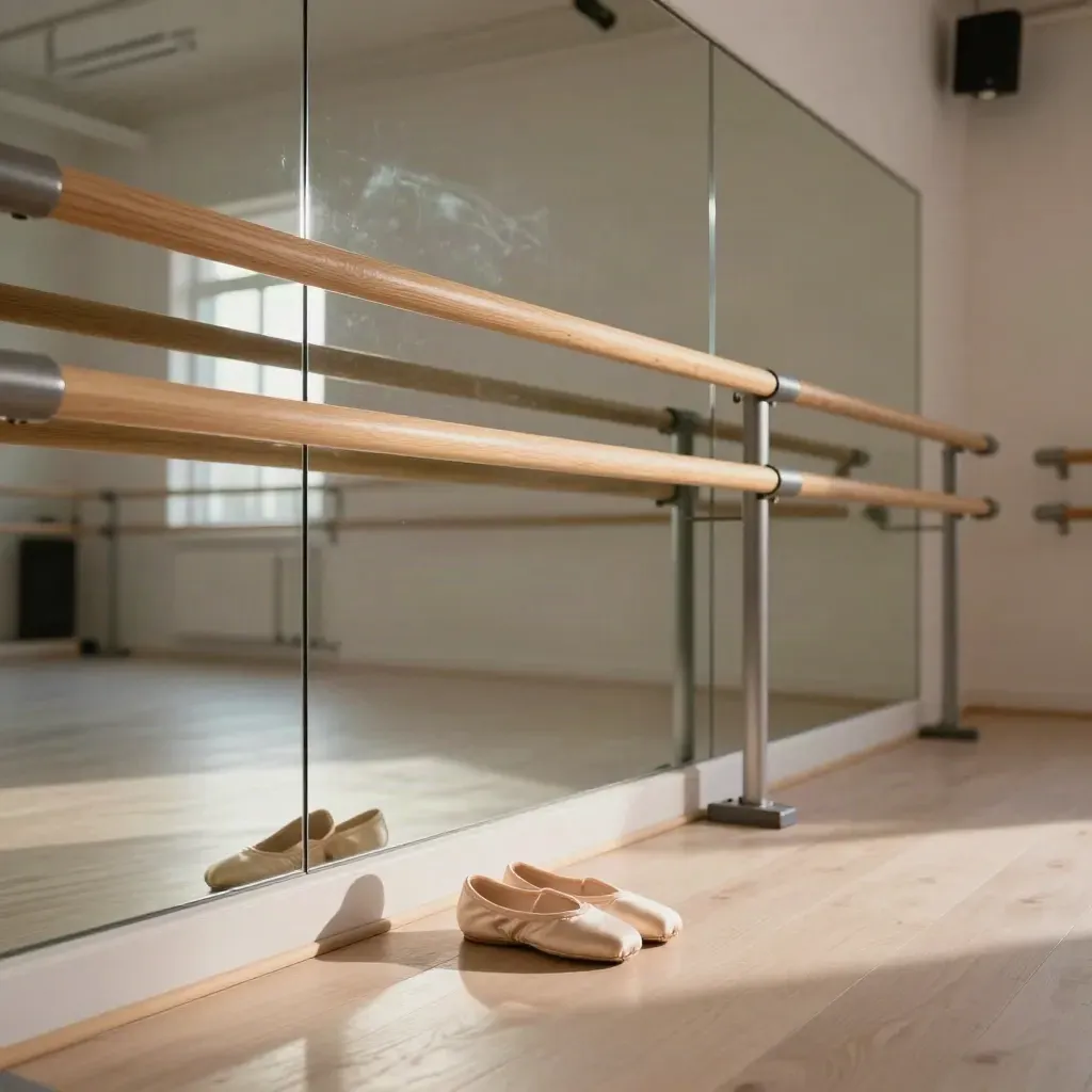 Immaculate ballet studio barre and mirrors with neatly paired slippers in warm daylight.