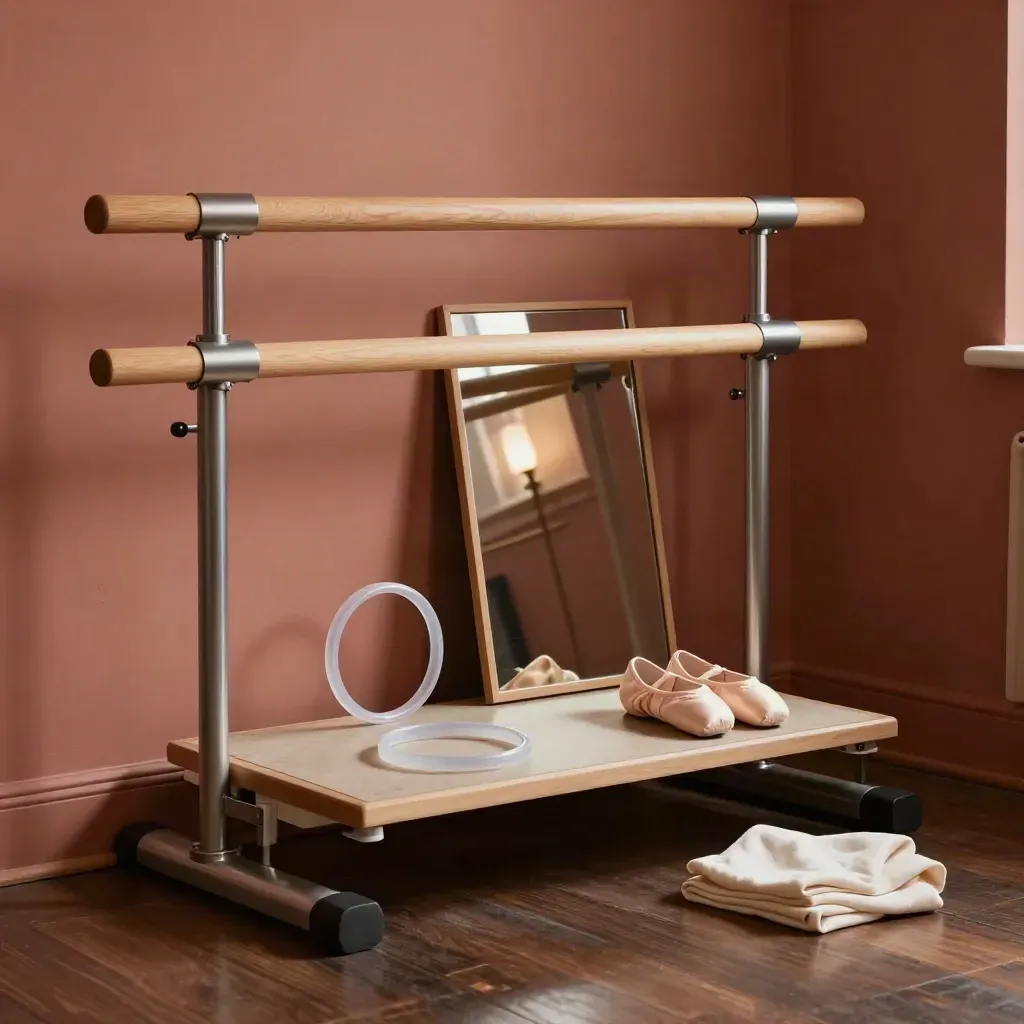 Private ballet tuition nook with barre, mirror, alignment rings and practice shoes.