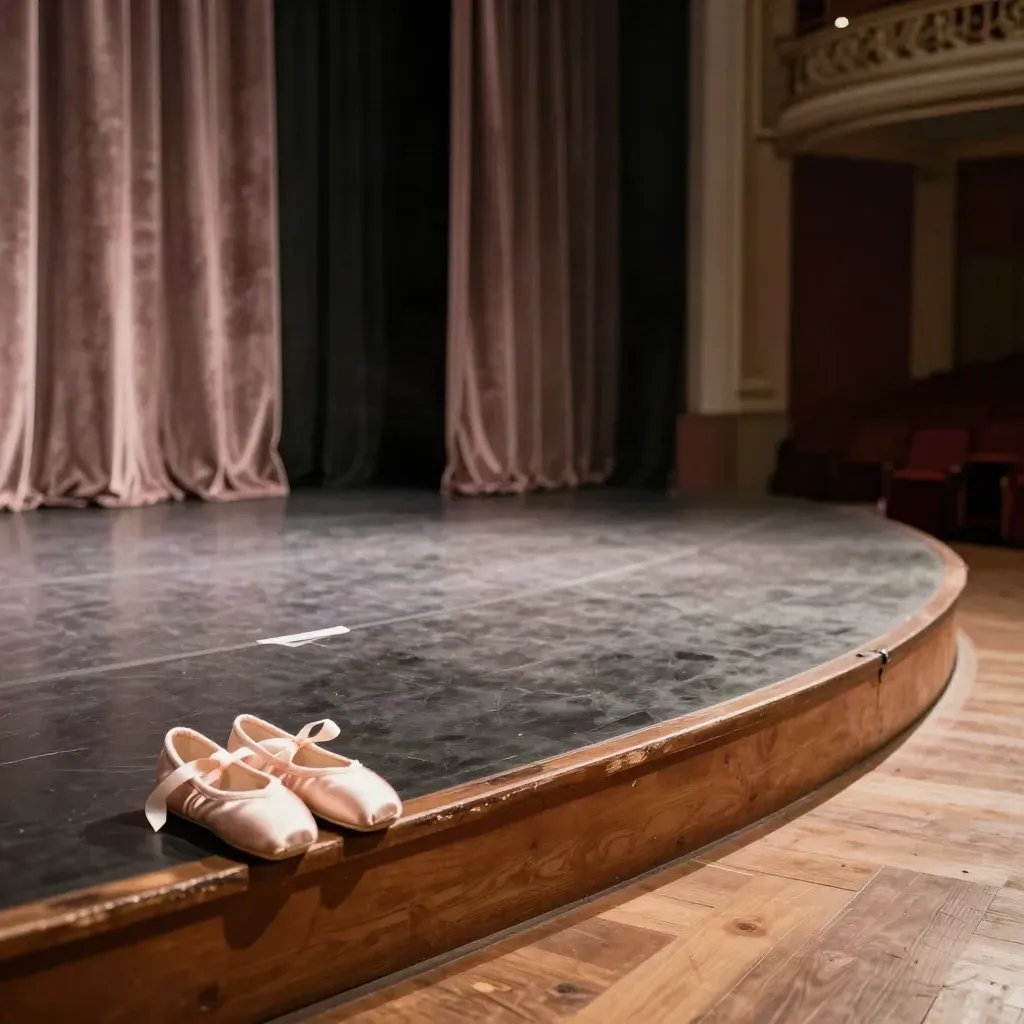 Empty recital stage with velvet curtain, taped centre mark, and ballet slippers at the wing in warm light.