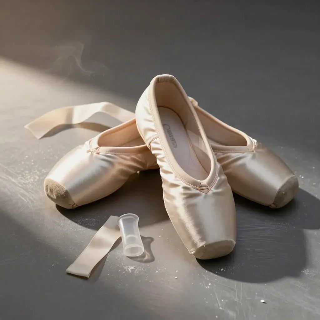 Ivory pointe shoes, pads and elastic kit laid out with rosin on a pewter bench