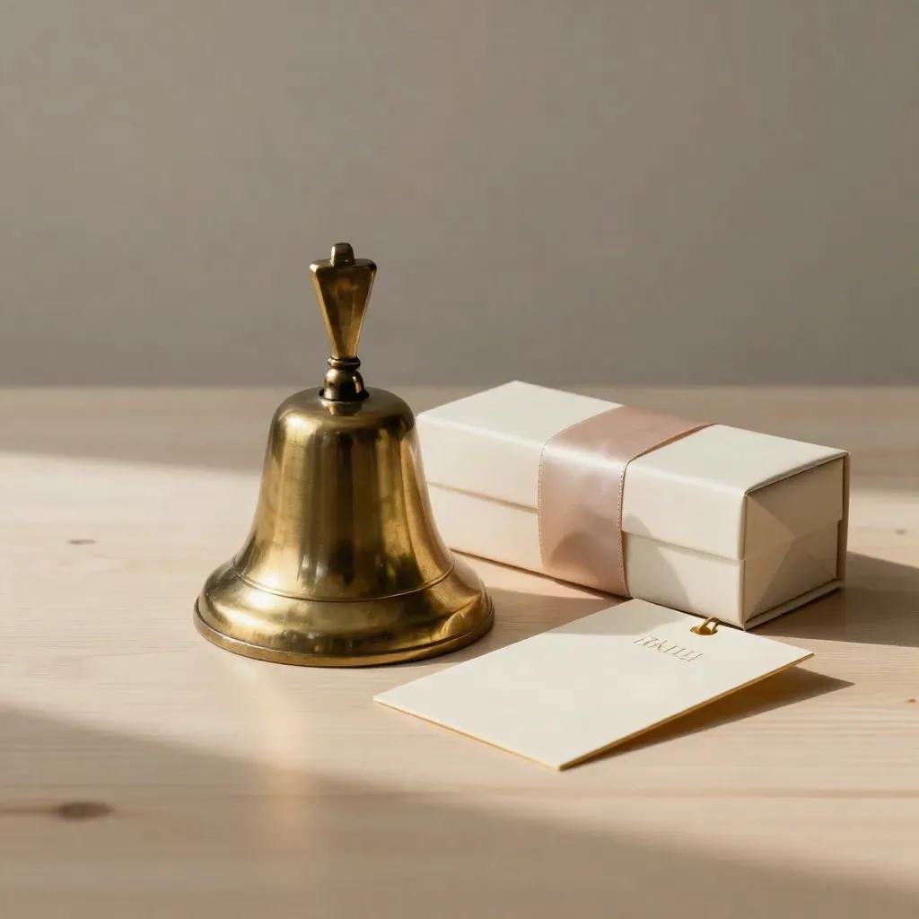 Brass studio bell, closed slipper box and ivory key card on pale wood, softly lit from above.