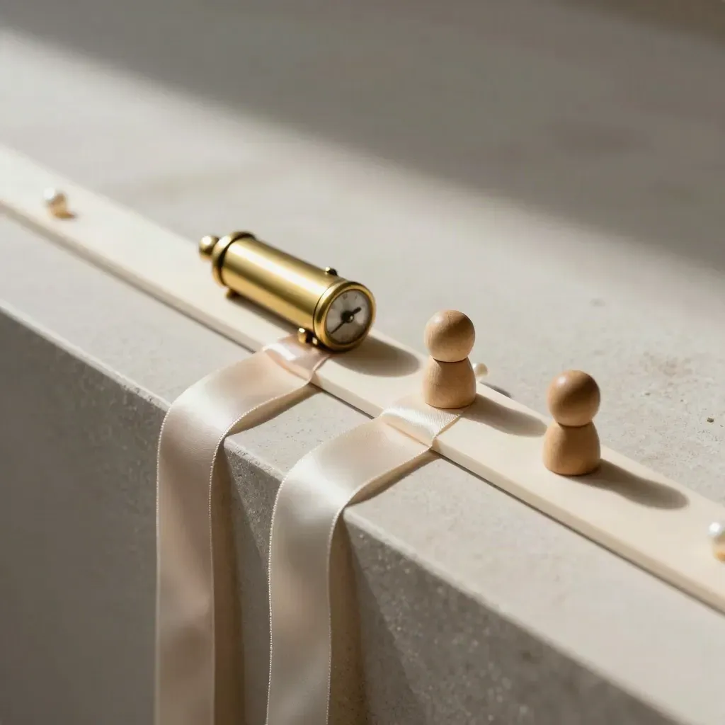 Ribbon tabs, brass timer and wooden peg arranged in a neat progress row on pale stone.