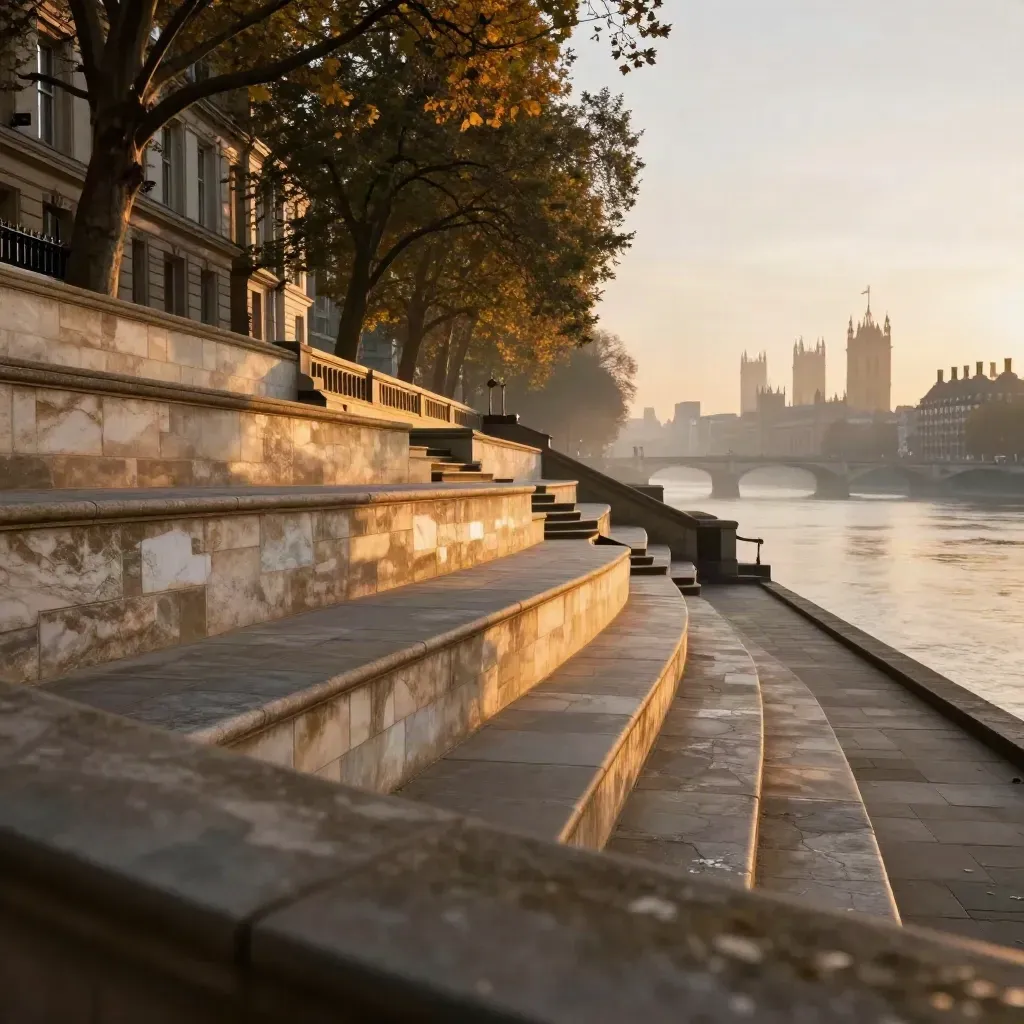 Westminster terraces and plane trees glowing in golden haze above the Thames