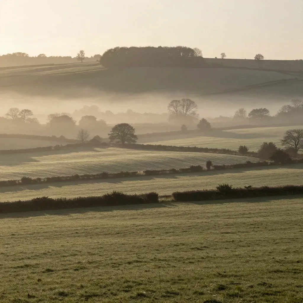Misty Surrey hills at dawn with woodland edges and calm open fields for copy.