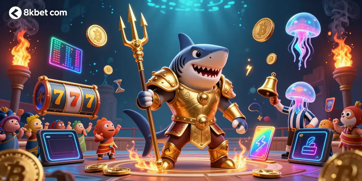 Experience slot action with 8xbet com in this vibrant 3D illustration of underwater gambling.