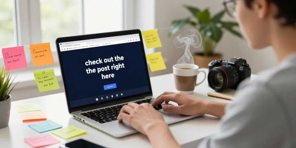 Creative content creator engaging with memes while saying check out the post right here in a vibrant home office.