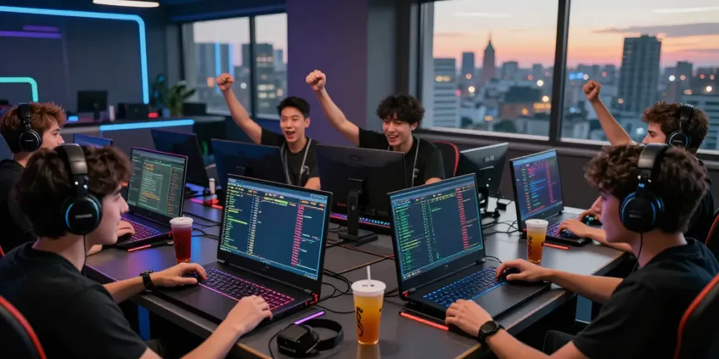 Exciting sports betting experience at LU88 with players engaged at high-tech setups.