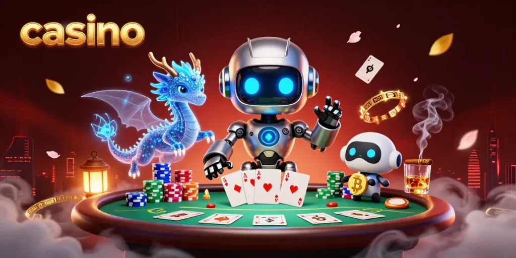 Experience thrilling casino gaming with a futuristic mascot, poker elements, and vibrant details.