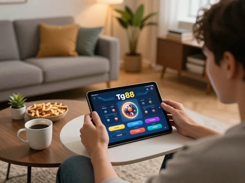 Player engaging with the tg88 casino app on a stylish tablet, enjoying a home gaming session.