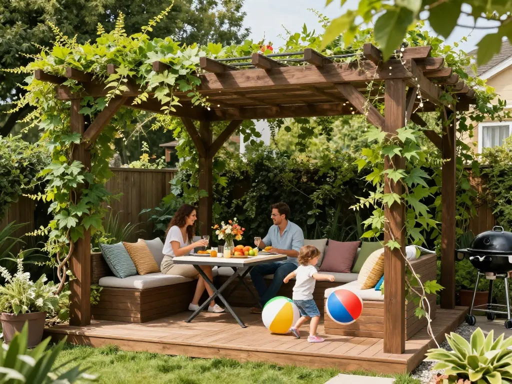 Family enjoying brunch under a 3D pergola in a lush garden setting.