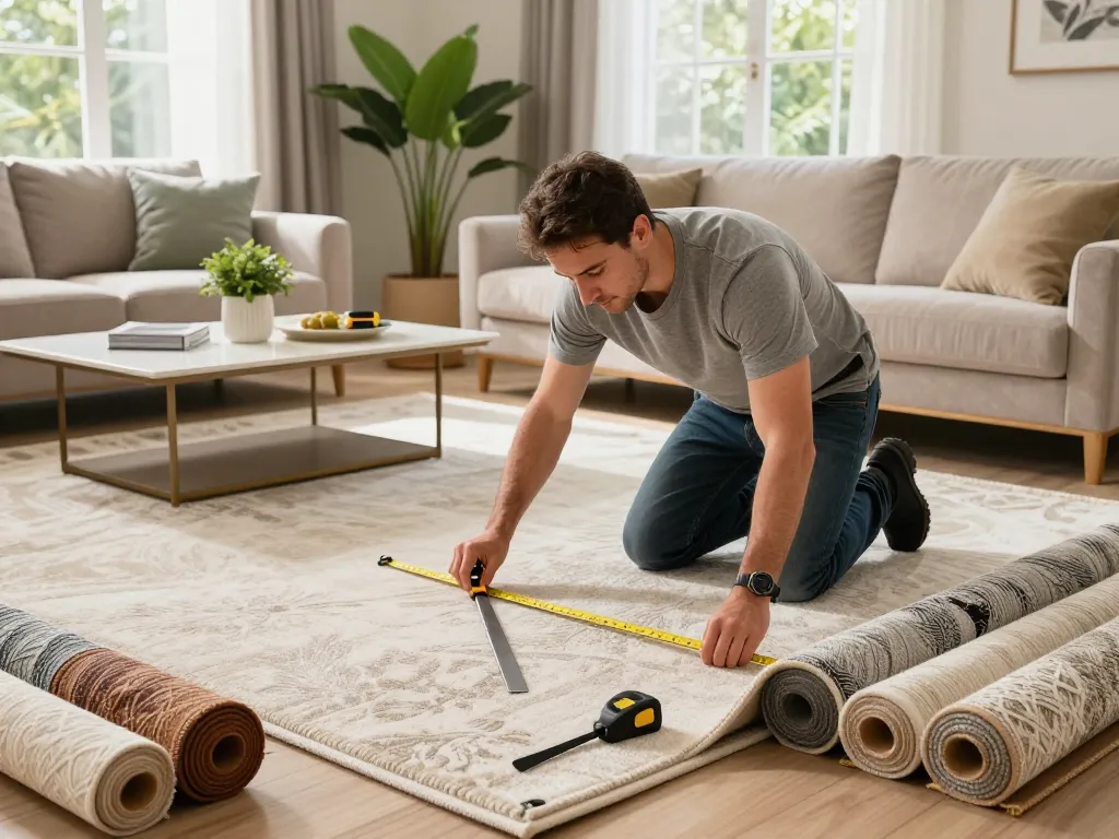 Expert carpet fitting services West London in a stylish living room with a carpet fitter measuring a luxurious carpet.