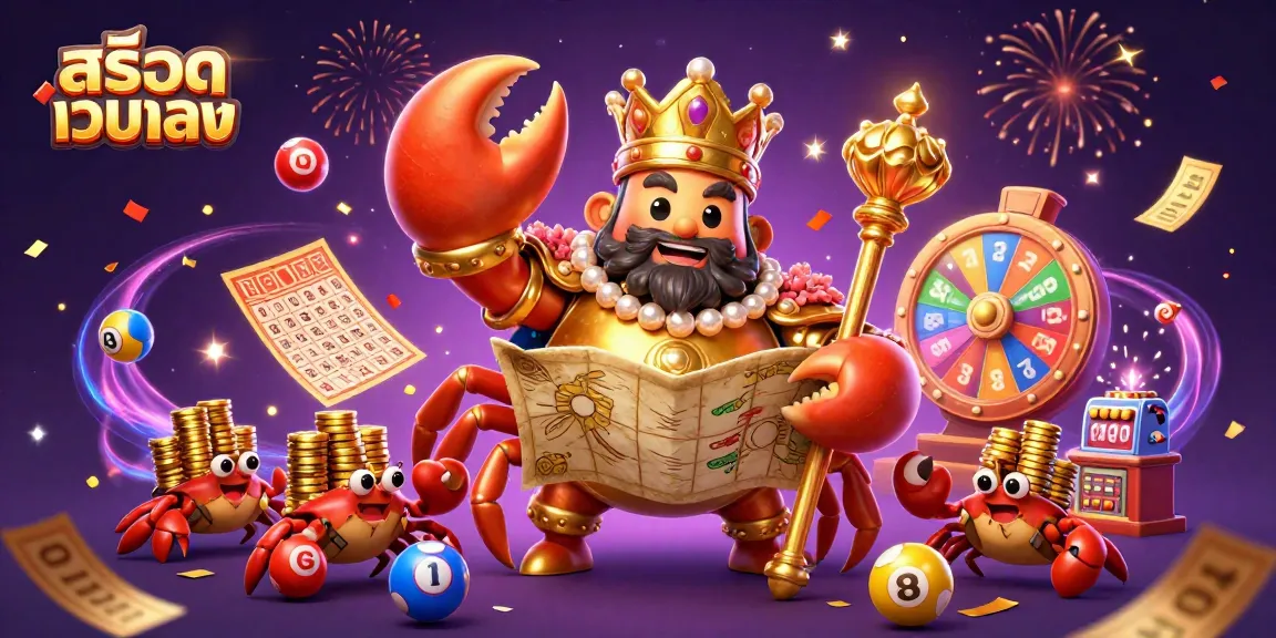 Experience the excitement of สล็อตเว็บตรง with a dynamic scene featuring a golden crab emperor and lottery elements.