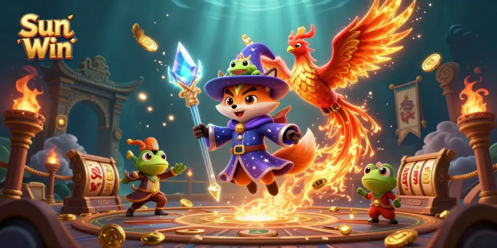Experience Sun Win's dynamic gaming scene with mystical characters and captivating slot reels.