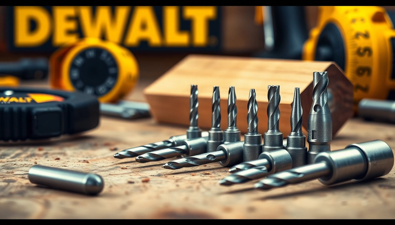 DeWalt drill bits displayed on a rustic workbench, showcasing precision for various materials.