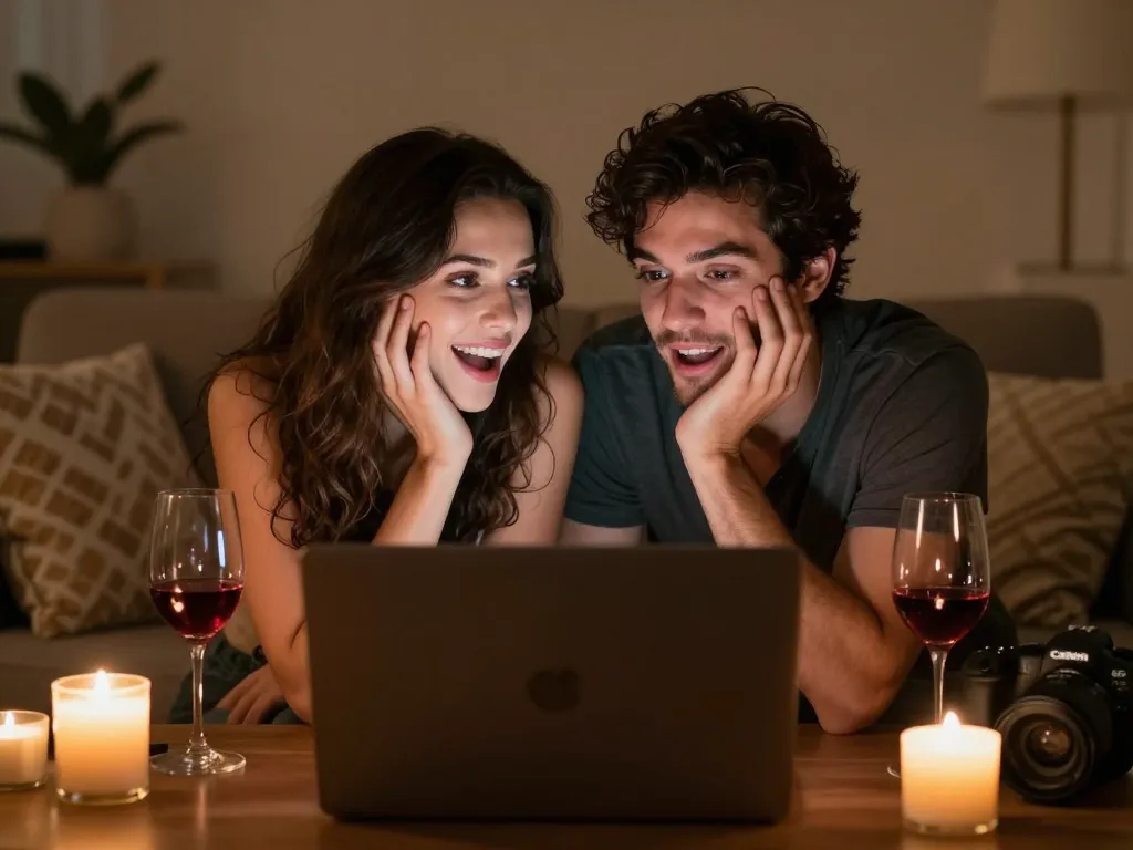 Couple engaging in intimate sex chat online, showcasing personal connection and romantic atmosphere.