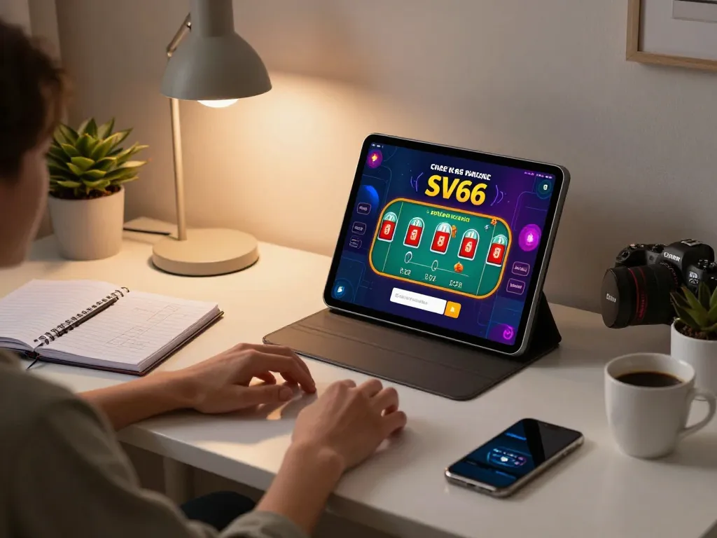 Playing SV66 casino app on tablet for a winning strategy while enjoying home comfort.