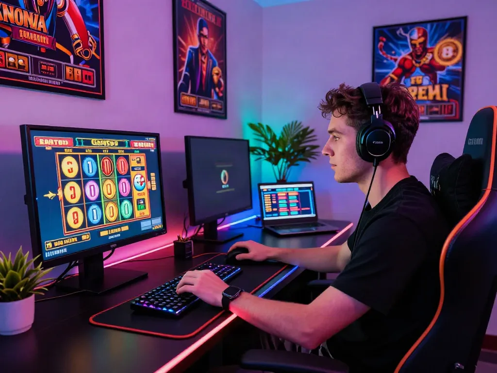 Engaging gamer focusing on slots not on Gamstop with vibrant visuals and modern gaming setup.