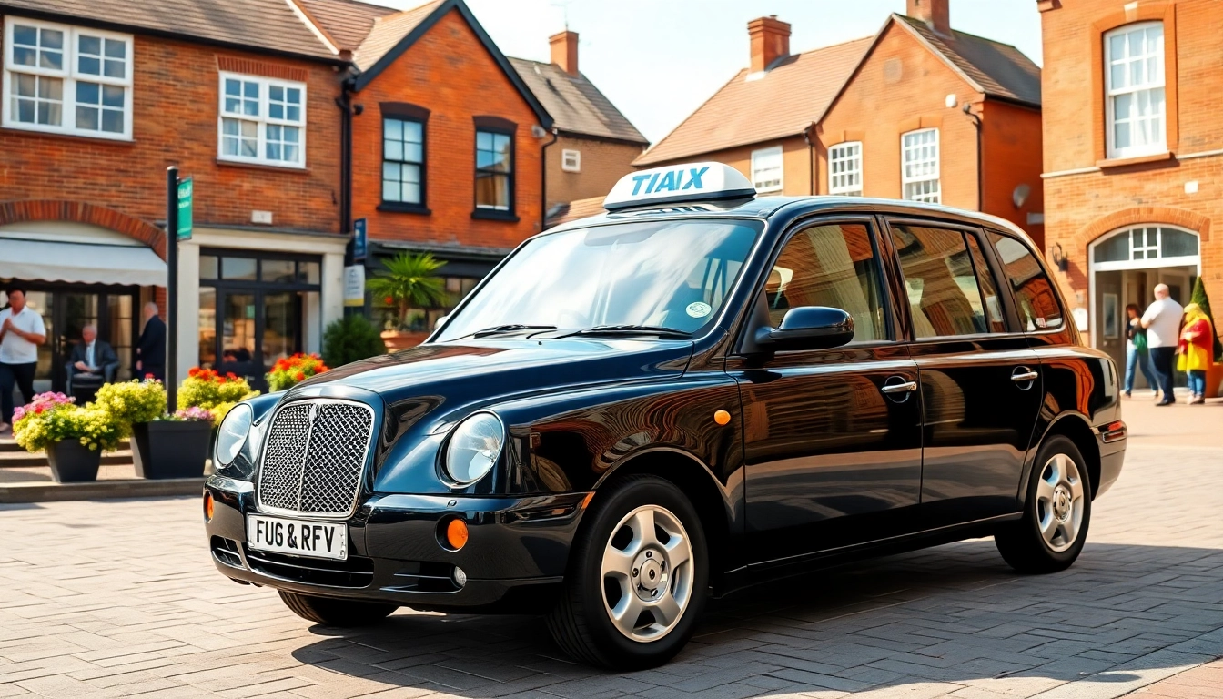Taxi service in west Byfleet with a black cab parked in a lively town square.