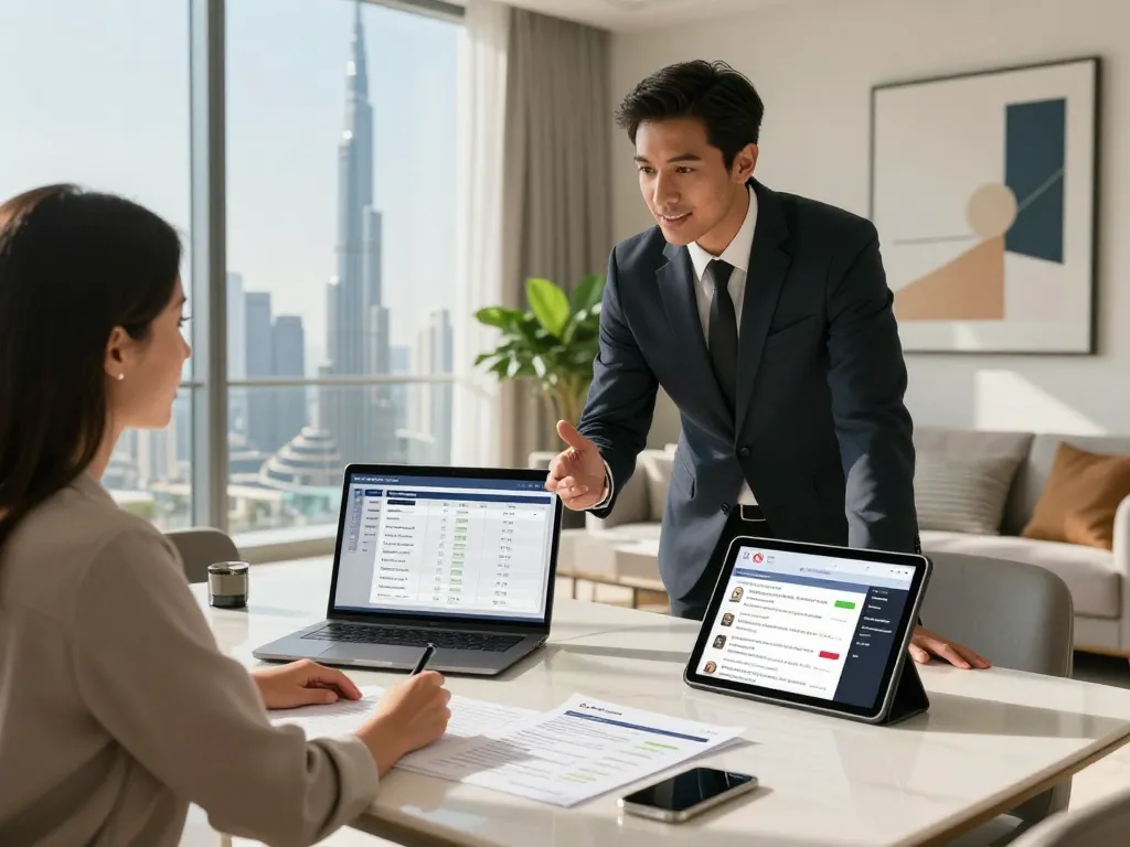 Effective Airbnb management in Dubai showcasing a professional property manager discussing rental strategies in a modern apartment.