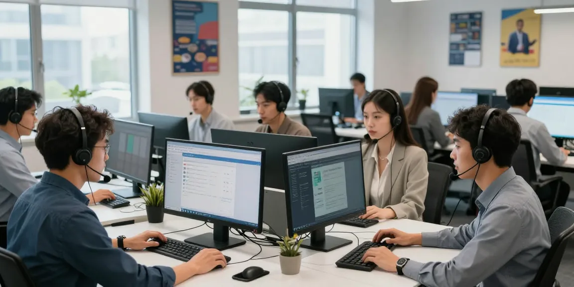 Call centre software team collaborating in a vibrant office, showcasing modern technology and supportive environment.