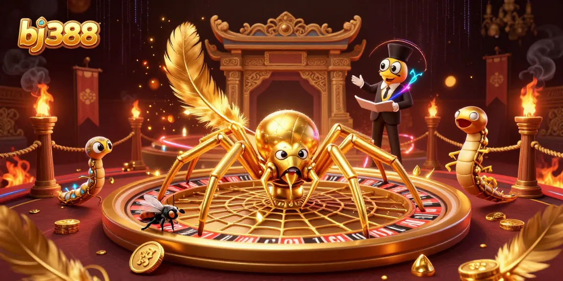 Experience the thrill of betting at bj388 with a captivating scene of a golden spider and centipede croupier.