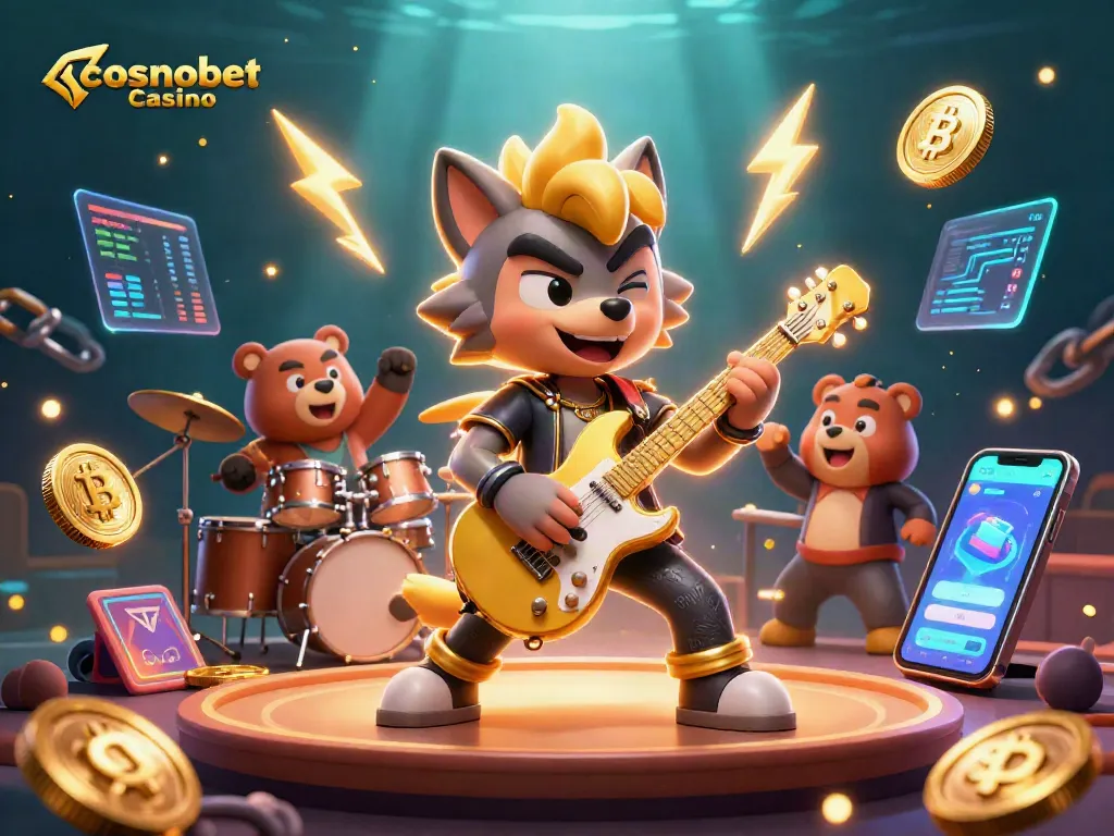 Engage with the vibrant scene showcasing cosmobet casino with a rock star wolf and drummer bear performing amid crypto-themed elements.