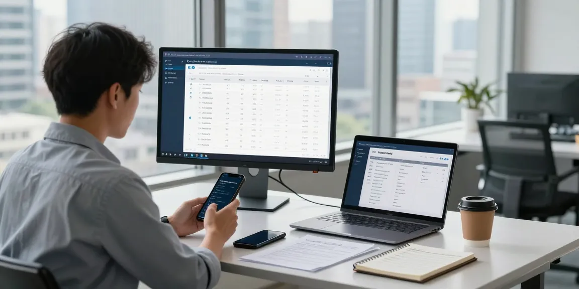 Check phone number uk in a modern office, professional using phone lookup tool on a monitor.