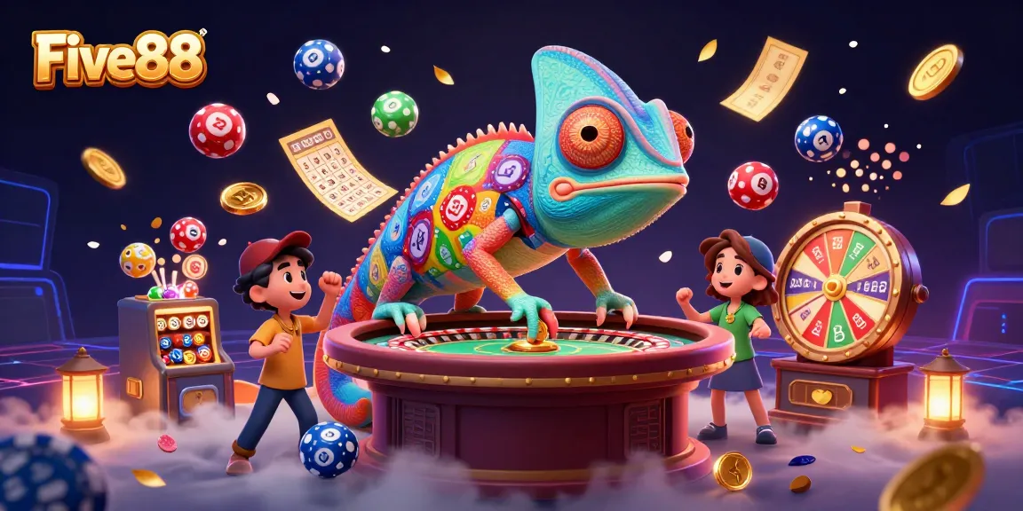 Five88 chameleon casino owner amidst vibrant lottery balls and golden elements enhancing gaming excitement